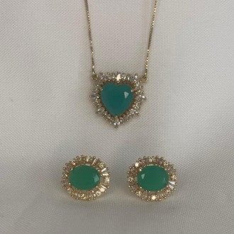 Detalhes do produto Conjunto Colar e Brinco Pedra Verde Com Pedras de Zirconia