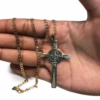 Detalhes do produto Colar Corrente Grumet Masculino Pingente Crucifixo São Bento
