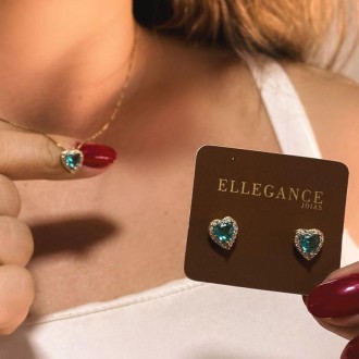 Detalhes do produto Conjunto Colar e Brinco Coração Pedra Azul Com Zircônias
