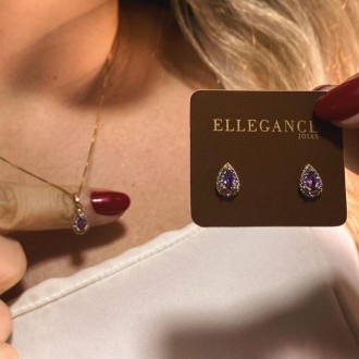 Detalhes do produto Conjunto Colar e Brinco Gota Pedra Roxo Com Zircônias