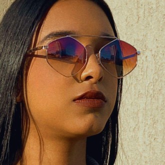 Detalhes do produto Oculos Aviador Hexagonal Armação Rose Com Vermelho