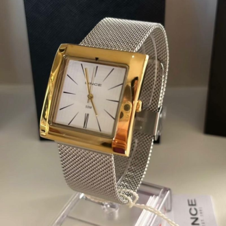 Detalhes do produto Relógio Analogico quadrado prata e dourado