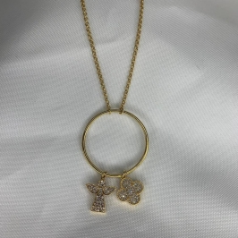 Colar Circulo com 2 Pingentes Anjo e Trevo Cravejado