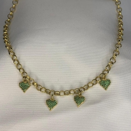 Colar Elo Português com Corações Cravejados Verde