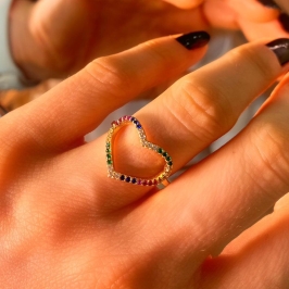 Anel coraçao cravejado vazado colorido