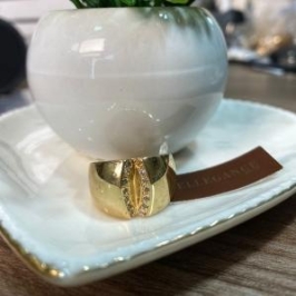 Anel liso 2 linhas cravejadas