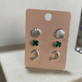 Brinco trio concha, ponto de luz e golfinho em prata 925