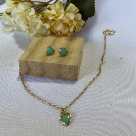 Conjunto Infantil Colar e Brinco Coração Verde Agua