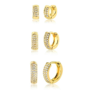 Brinco Trio Argola Click tres Fileiras Zirconia cravejada