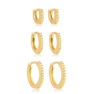 Brinco trio de Argola click Dourado Cravejado