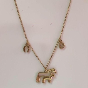 Colar Pingente Cavalos Com Ferradura e Coração Cravejado 35cm