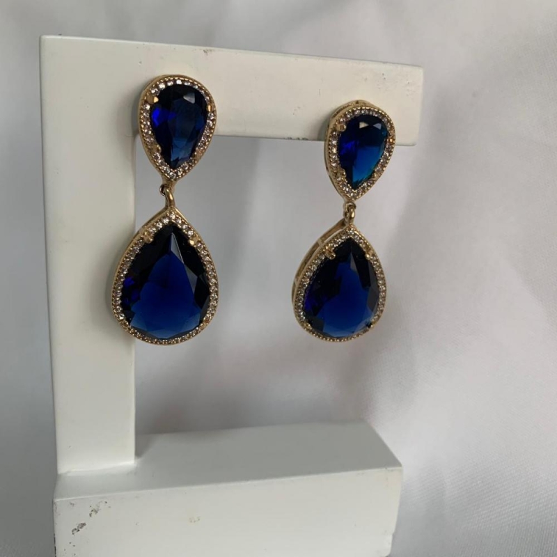 Brinco 2 Pedras Cravejadas Azul