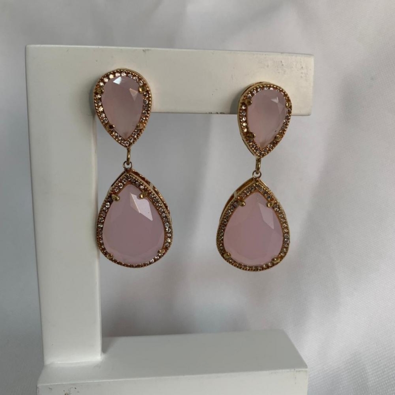 Brinco 2 Pedras Cravejadas Rosa