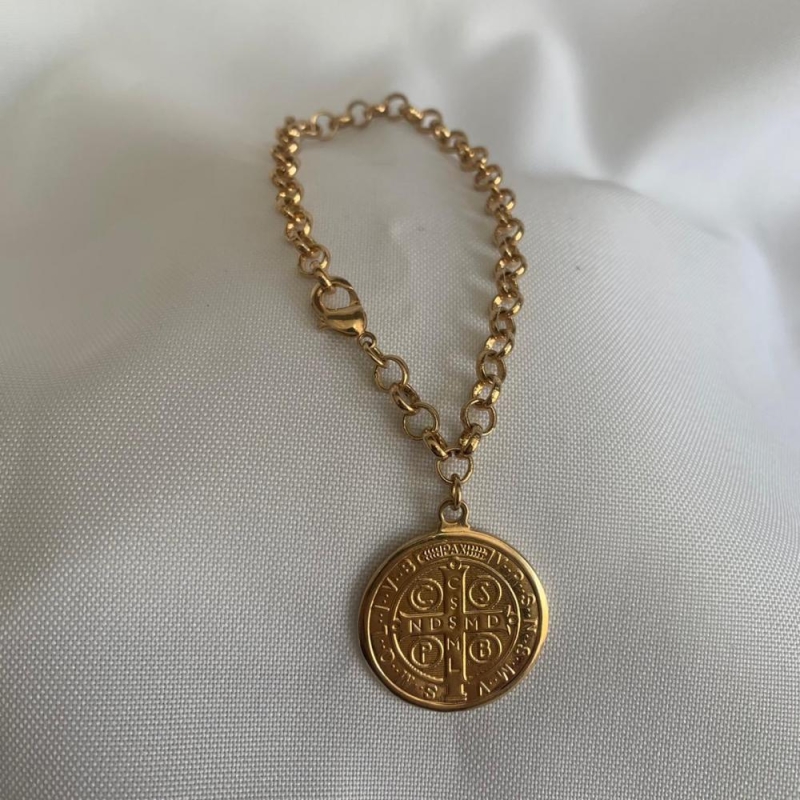 Pulseira Elo Portugues Pingente Medalha