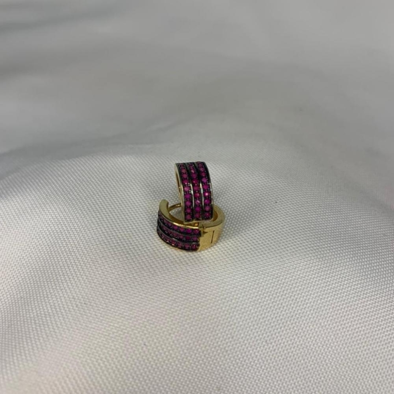 Brinco Argola Click 3 Linhas Cravejadas Rosa