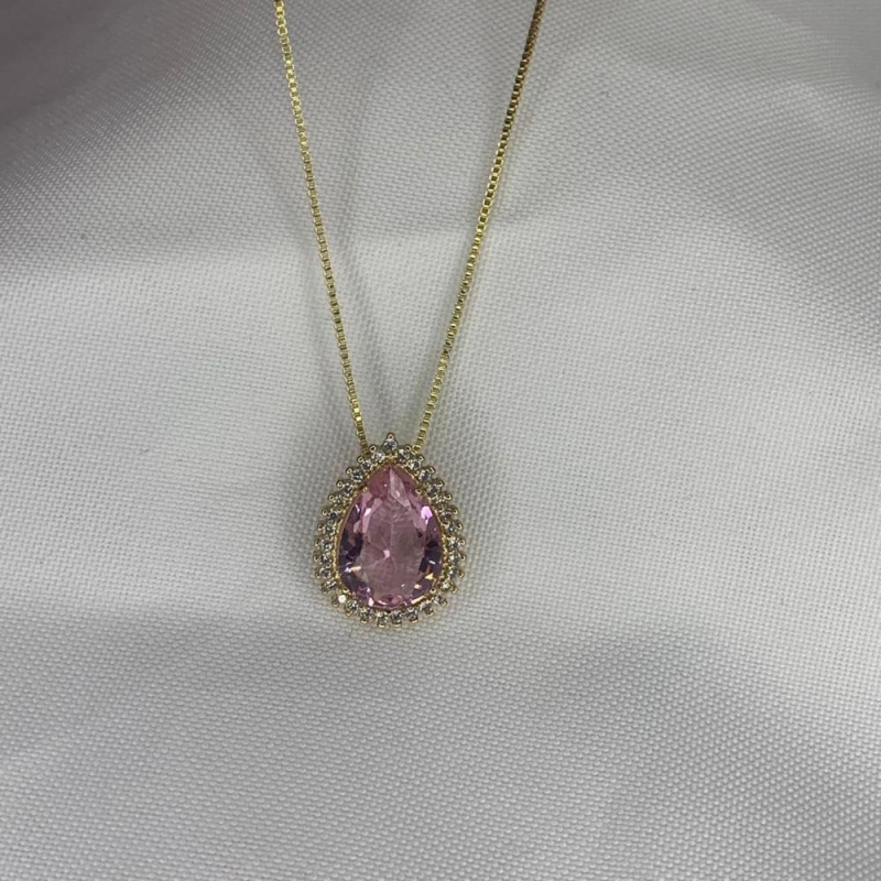 Colar Pedra de Zircônia Rosa Cravejada