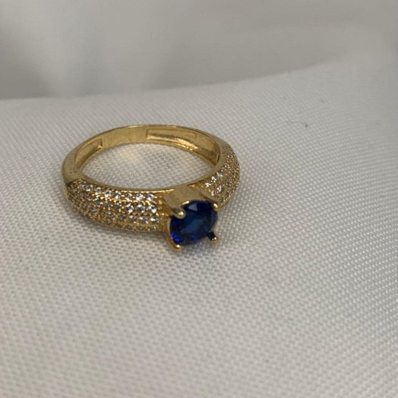 Anel 5 Linhas Cravejadas 4 Garras com Pedra Azul