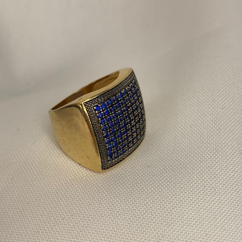Anel Quadrado Grande Cravejado Azul