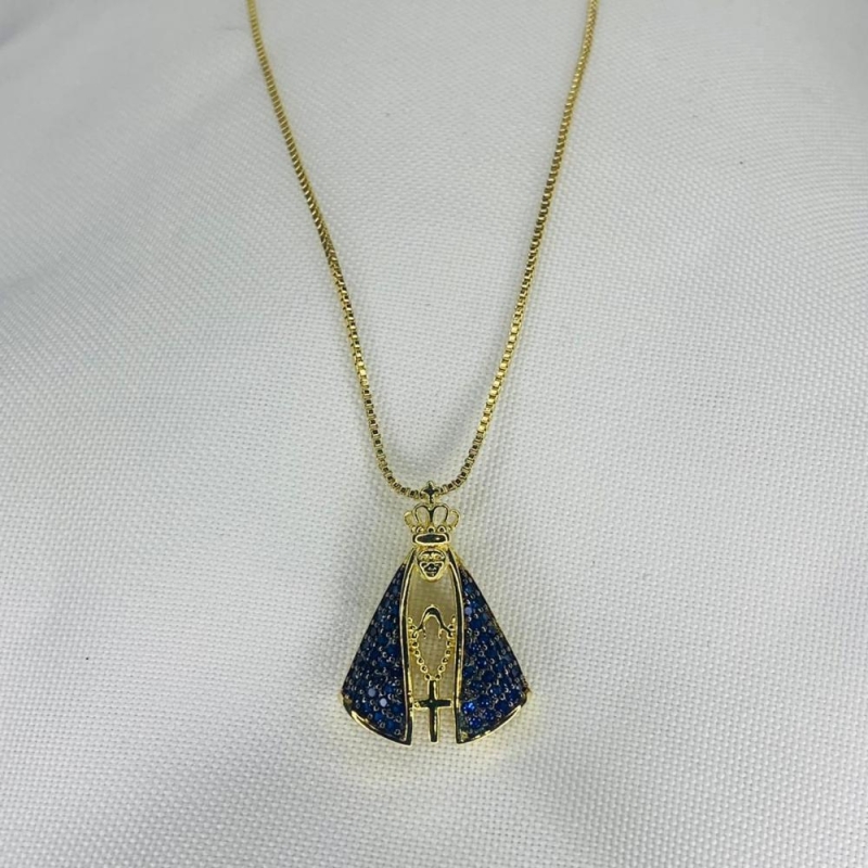Colar Nossa Senhora Cravejada em Azul