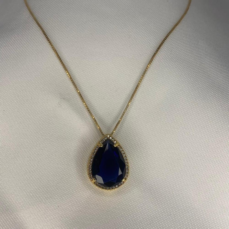 Colar Pedra de Zircônia Cravejada Azul Escuro
