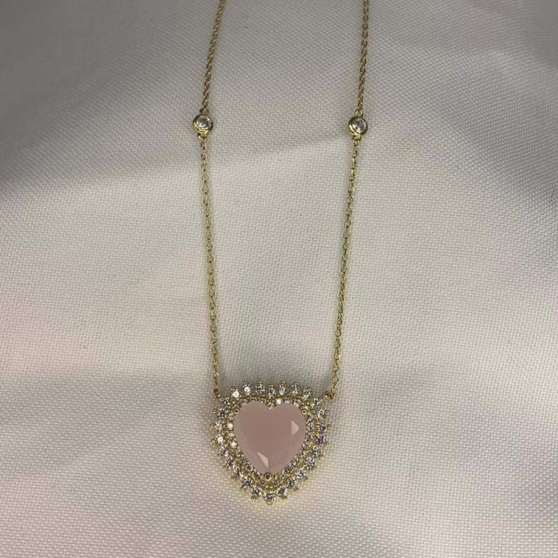 Colar Zircônia Rosa com Borda Cravejada