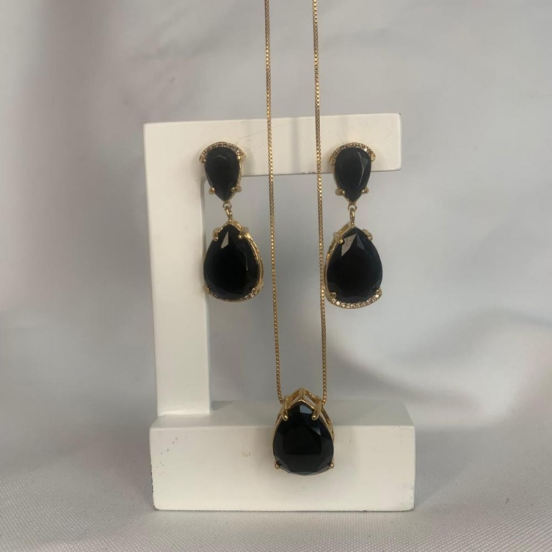 Conjunto Colar e Brinco 2 Pedras de Zircônia Preta