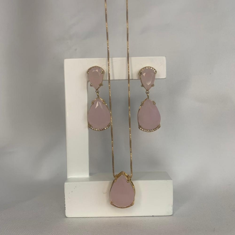 Conjunto Colar e Brinco 2 Pedras de Zircônia Rosa