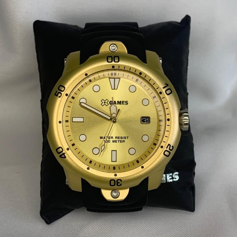 Relógio X Games Dourado Ponteiro Pulseira Borracha Preta