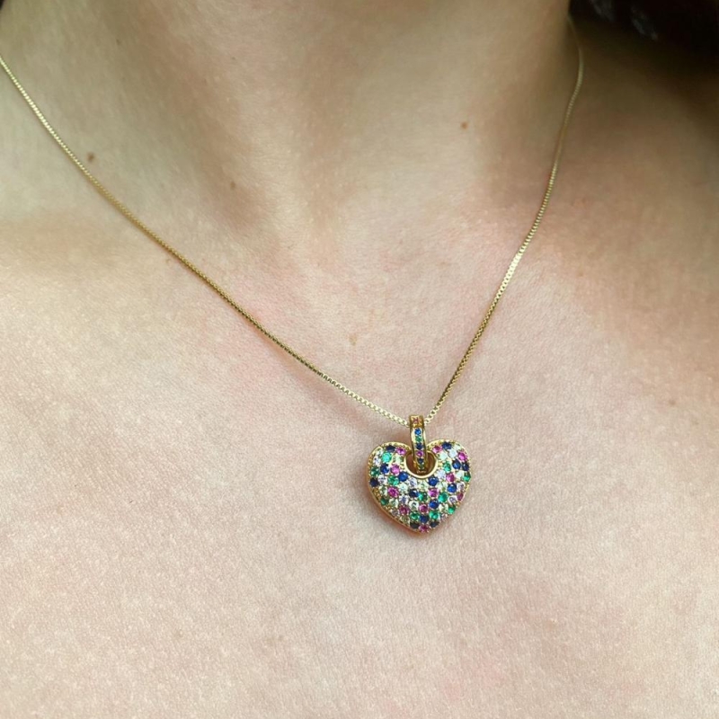 Colar veneziana com pingente coraçao zirconias coloridas