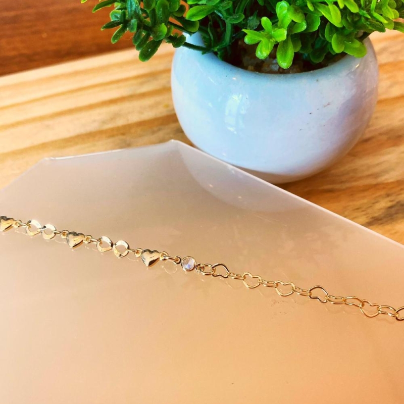 Pulseira elo coração com coração metal cristal e infinito