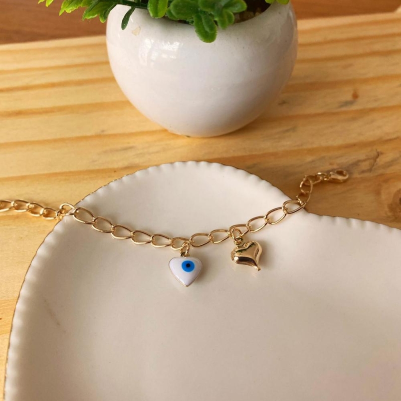 Pulseira elo olho em formato de coração e coração metal