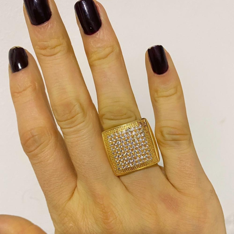 Anel Quadrado Grande Cravejado Azul