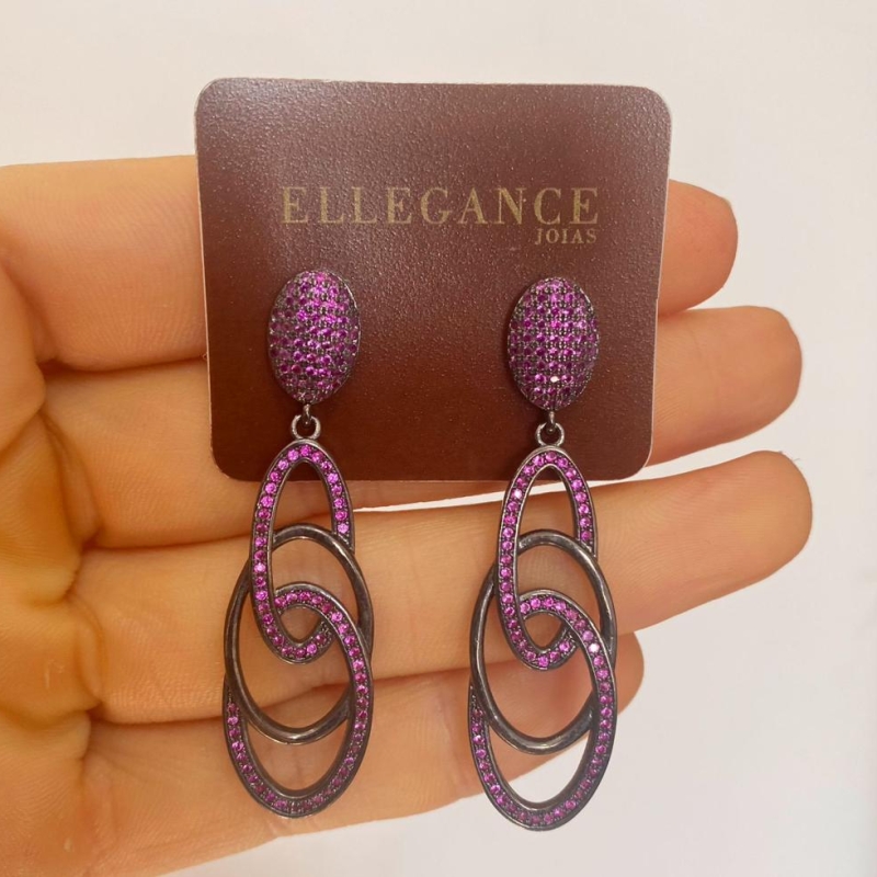 Brinco promocional luxo zirconias rubi banho negro