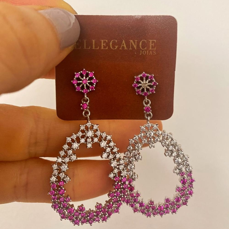 Brinco longo luxo zirconias rosa banho branco