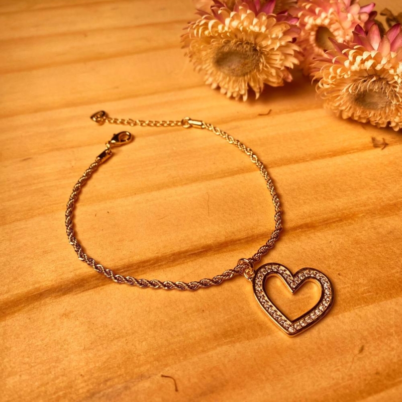 Pulseira cordao com coração grande cravejado