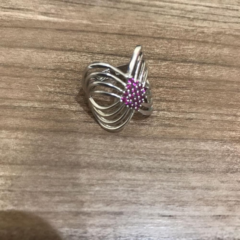 Anel Prata 8 Linhas Lisas com Pontos de Luz Rosa