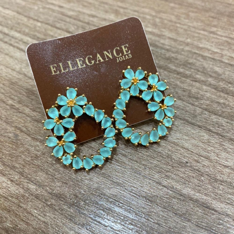 Brinco Cristal oval com flores verde bebe