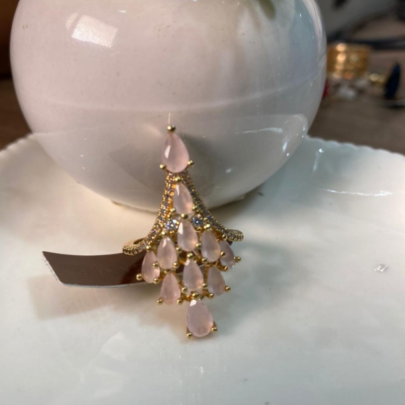 Anel cristal detalhes cravejado rosa