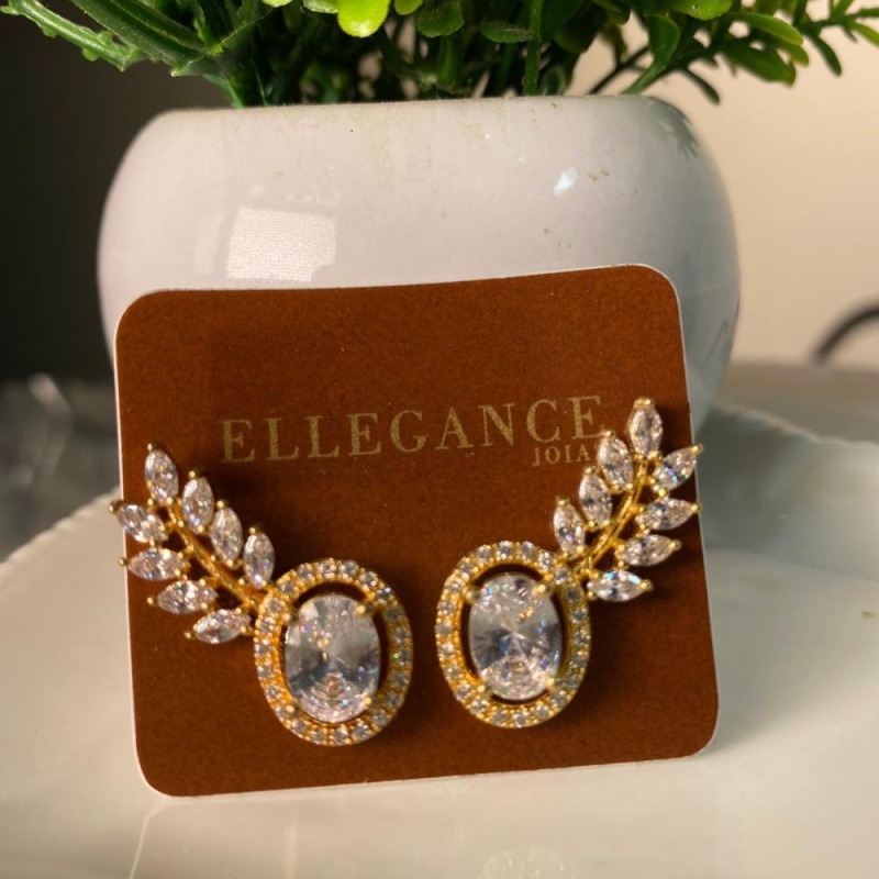 Brinco cristal redondo cravejado na volta folhas