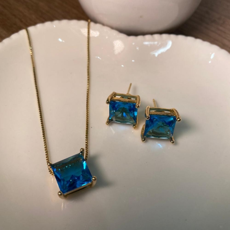 Conjunto brinco colar quadrado azul