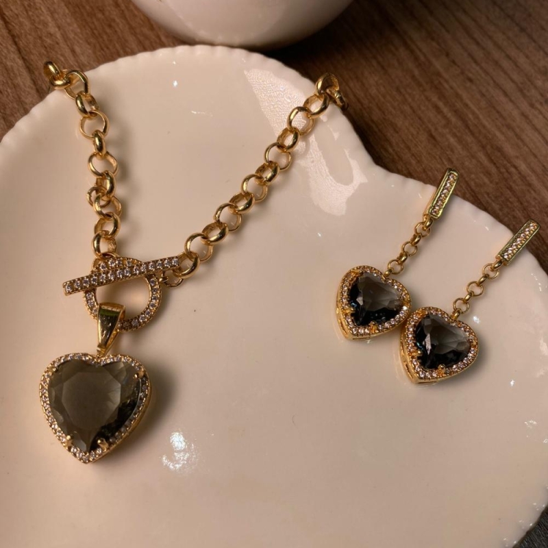 Conjunto brinco corrente coração colar coração elo portugues