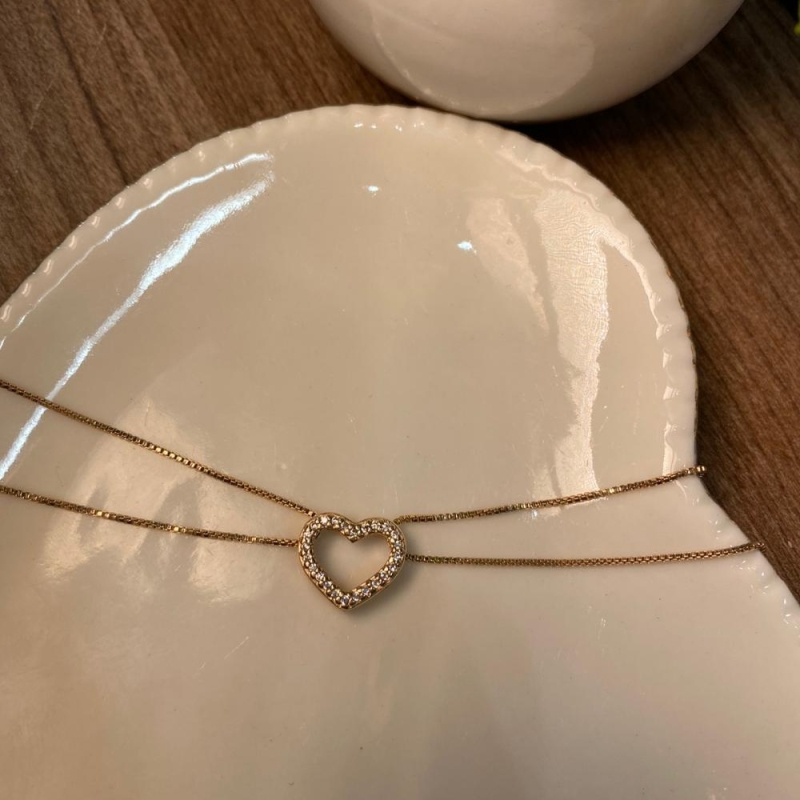 Pulseira dupla coração cravejado vazado