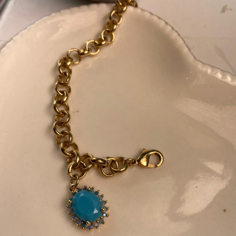 Pulseira elo portugues pingente pedra azul