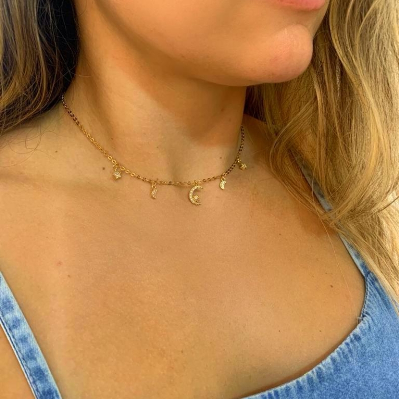 colar choker luas e estrelas 40 cm cristal