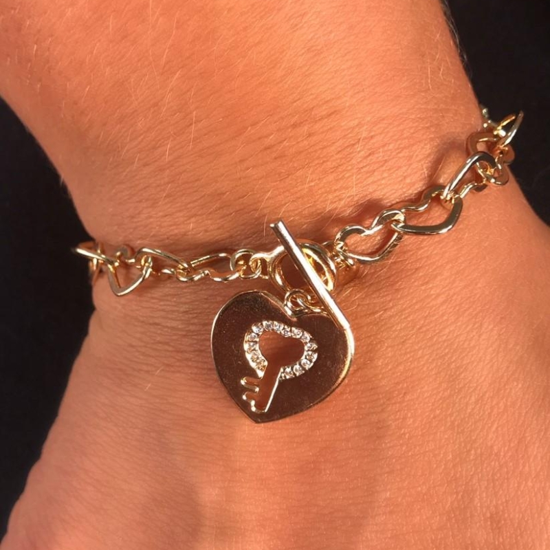 Pulseira corrente corações e coração com chave cristal