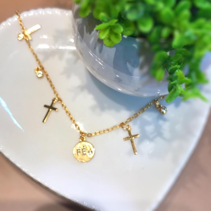 pulseira medalha fé, cruz e pontos de luz cristal