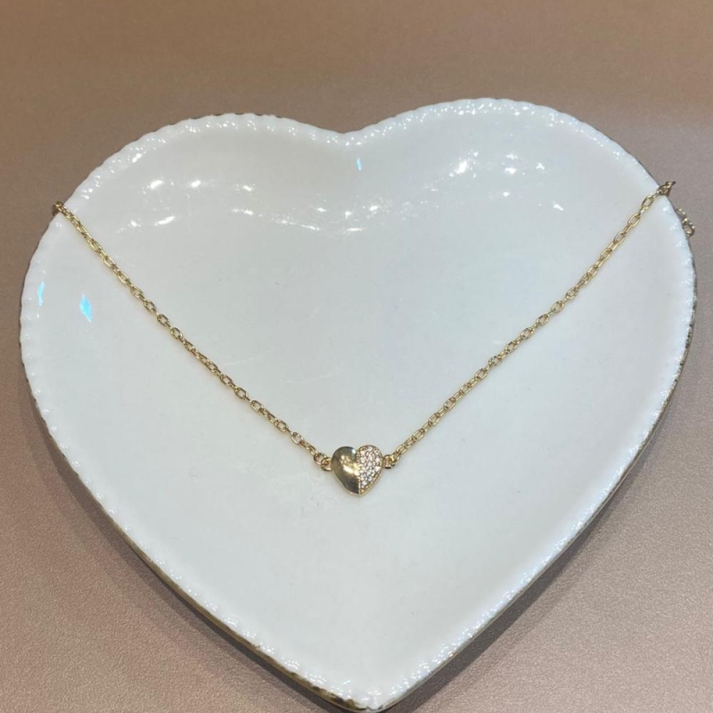 pulseira português fino coração com cristal