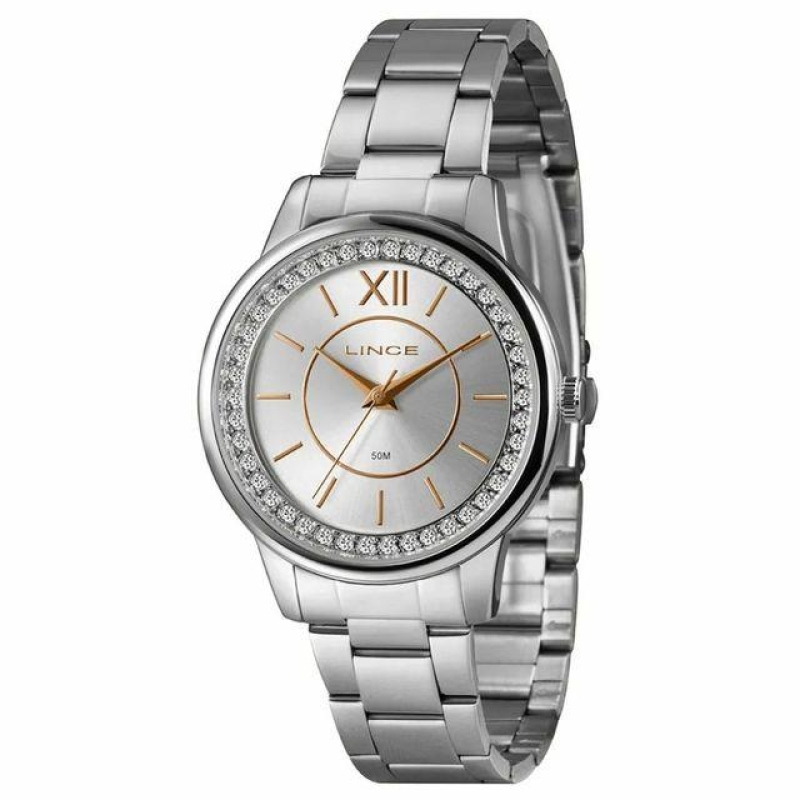 Relogio feminino prata com pontos de luz