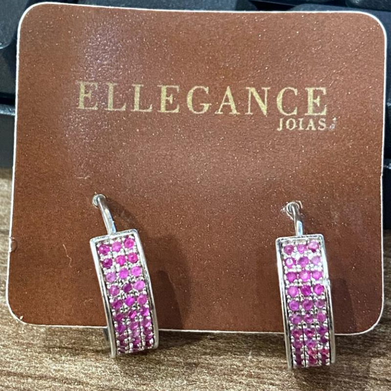 Brinco Argola Click Cravejado 3 linhas Rosa