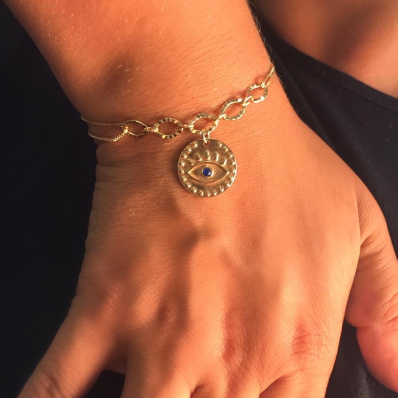 pulseira medalha olho grego azul